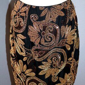 Y2K 80s Beaded Sequin Cocktail Miniskirt, Black & Gold Party Miniskirt